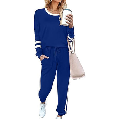 ✨Women's Solid Long Sleeve Round Neck Pulloever Top Drawstring Pants Set