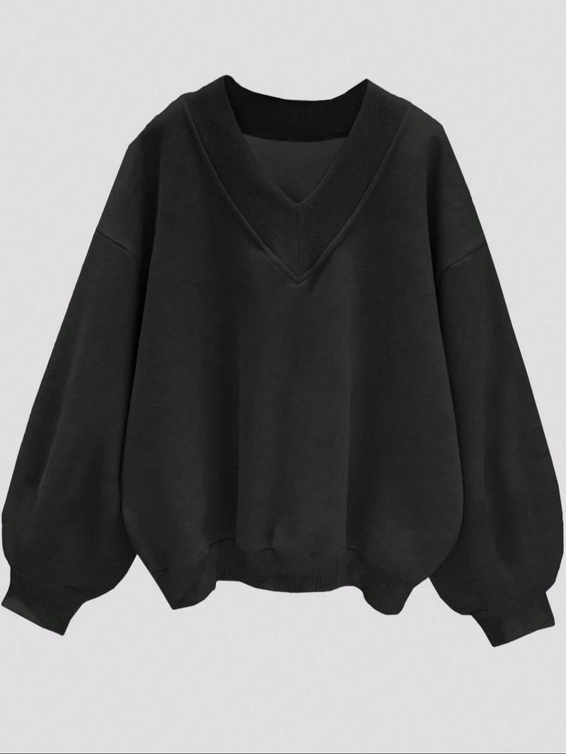 ✨Womens Casual Sweatshirt V Neck Oversized Hoodless Solid Pullover