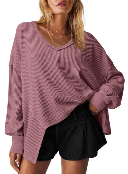 Women's Waffle Knit Oversized V Neck Batwing Long Sleeve Tops
