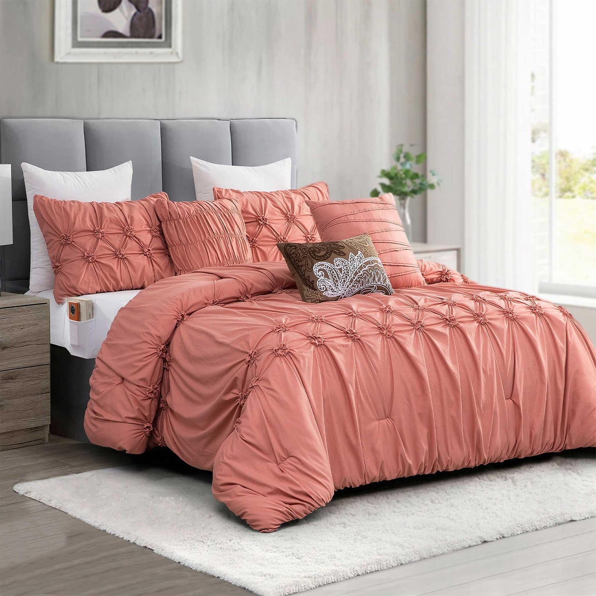 Elegant Comfort 12-Piece Ella Pleated Ruched Pintuck Comforter Set, Includes 6-Piece Sheet Set with Double Sided Storage Pockets