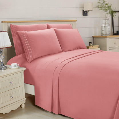 Elegant Comfort Essential 6-Piece 3-Line Embroidery Sheet Set, Soft as a Hotel Premium Quality, Bright Shades