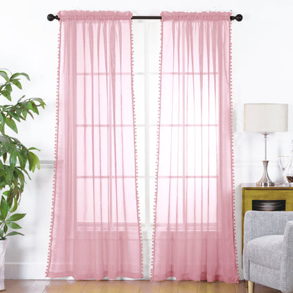 Elegant Comfort Set of 2 Pom Pom Tasseled Sheer Curtain - Rod Pocket