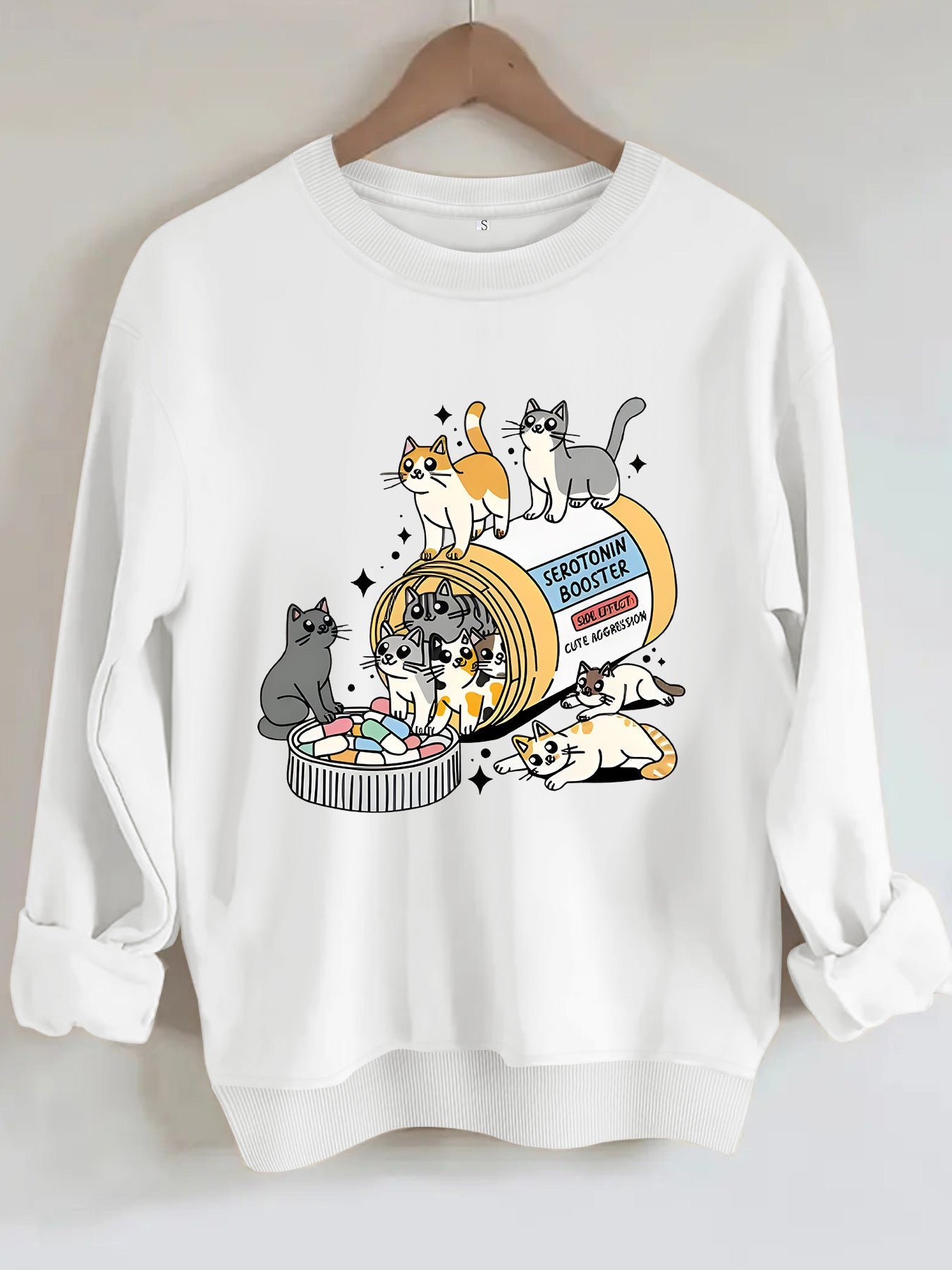 Cartoon cat lover printed round neck long sleeved sweatshirt
