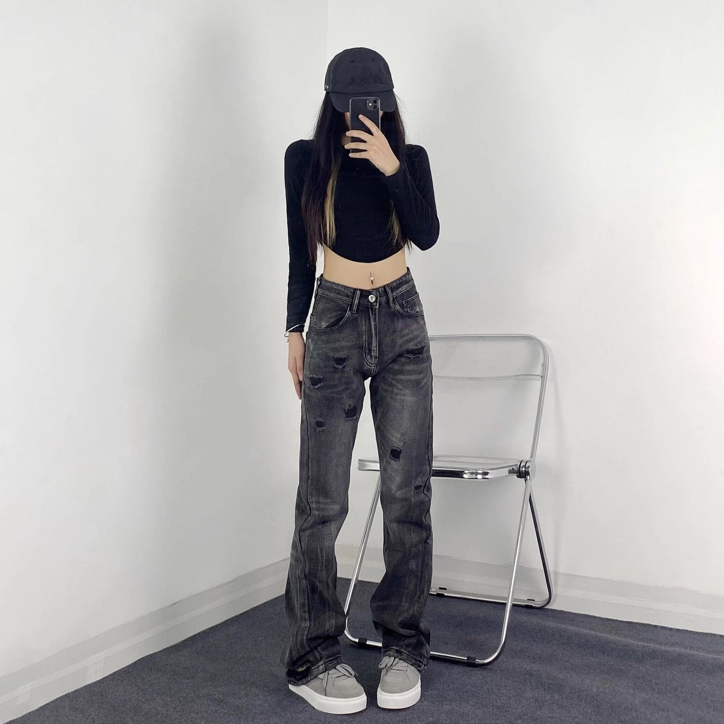 Street Style Retro Ripped Jeans for Women,INS Retro Fitted Slimming Flared Casual Pants