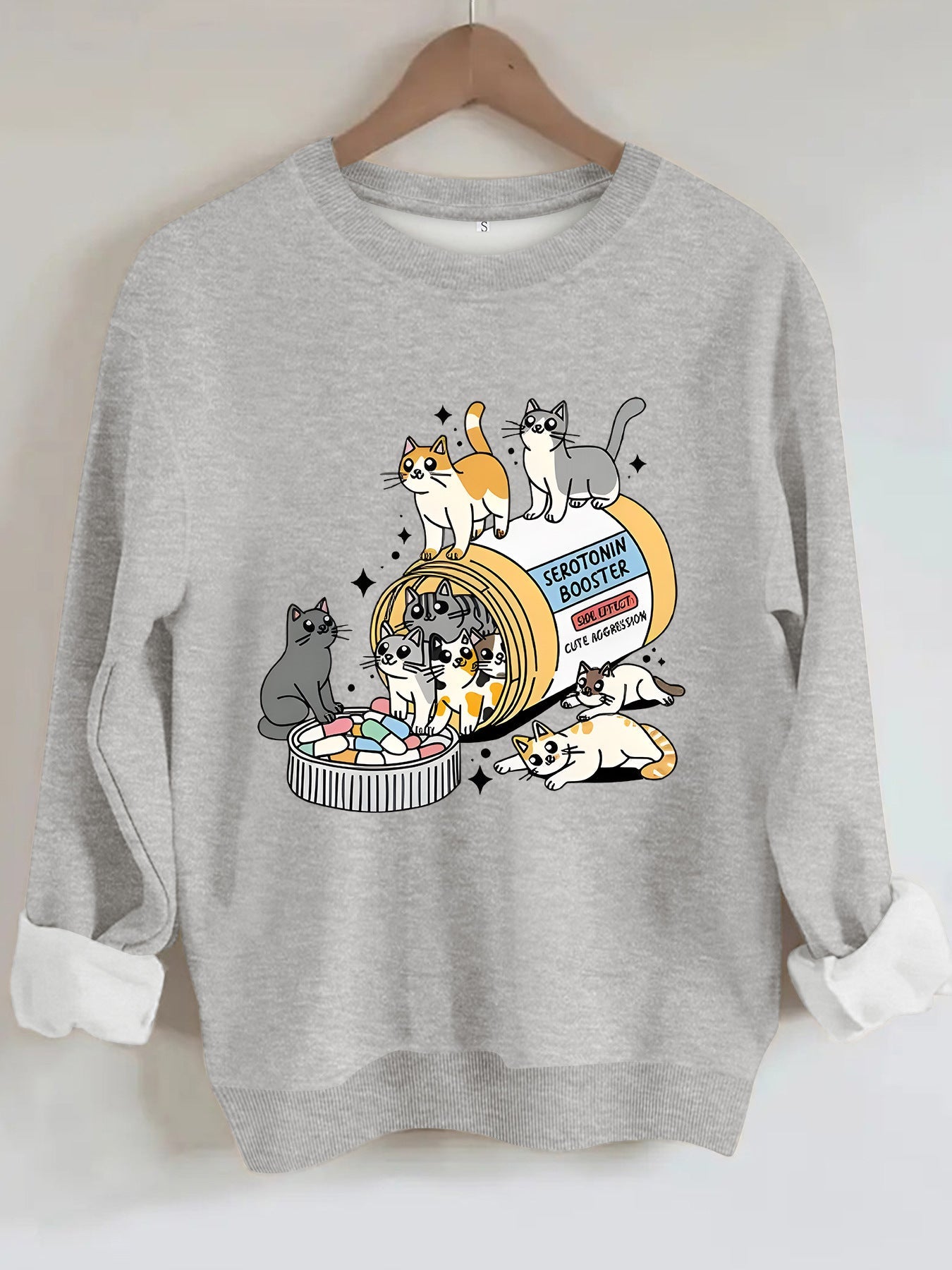 Cartoon cat lover printed round neck long sleeved sweatshirt