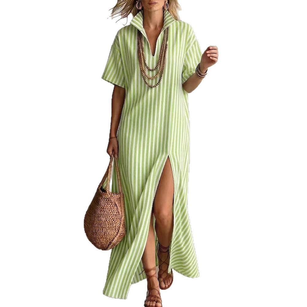 V-neck short sleeved striped split cotton linen dress