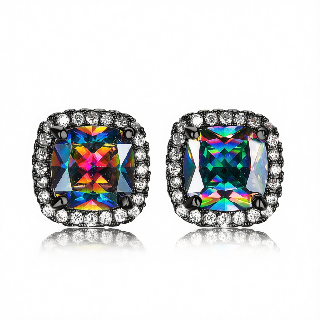 Colored Princess Crystal & Blacktone Halo Stud Earrings