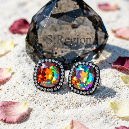 Colored Princess Crystal & Blacktone Halo Stud Earrings