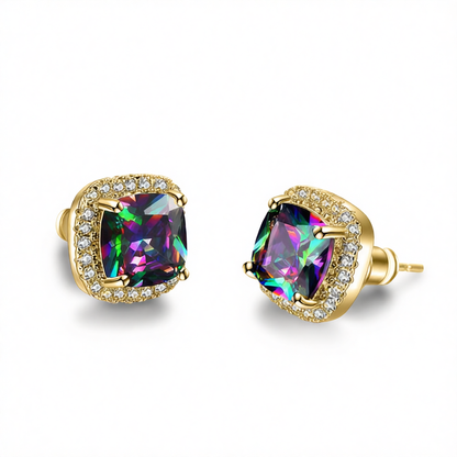 Colored Princess Crystal & Cubic Zirconia Goldtone Halo Stud Earrings