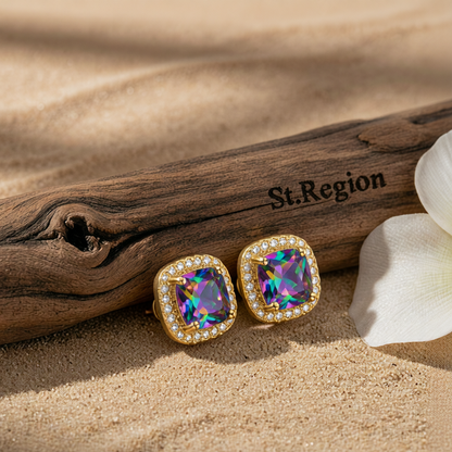 Colored Princess Crystal & Cubic Zirconia Goldtone Halo Stud Earrings