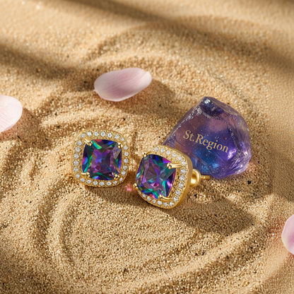Colored Princess Crystal & Cubic Zirconia Goldtone Halo Stud Earrings