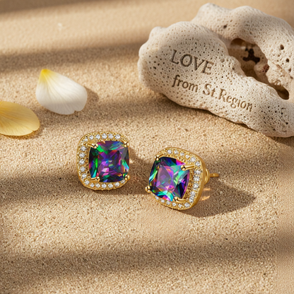 Colored Princess Crystal & Cubic Zirconia Goldtone Halo Stud Earrings