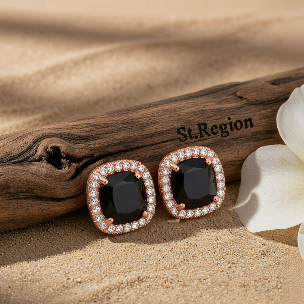 Black Princess Crystal & Rose Goldtone Halo Stud Earrings