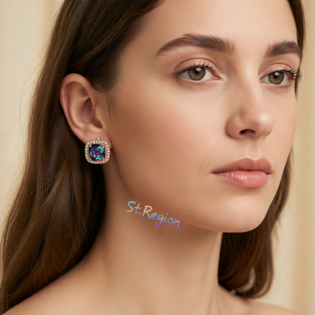 Colored Princess Crystal & Cubic Zirconia Rose Goldtone Halo Stud Earrings