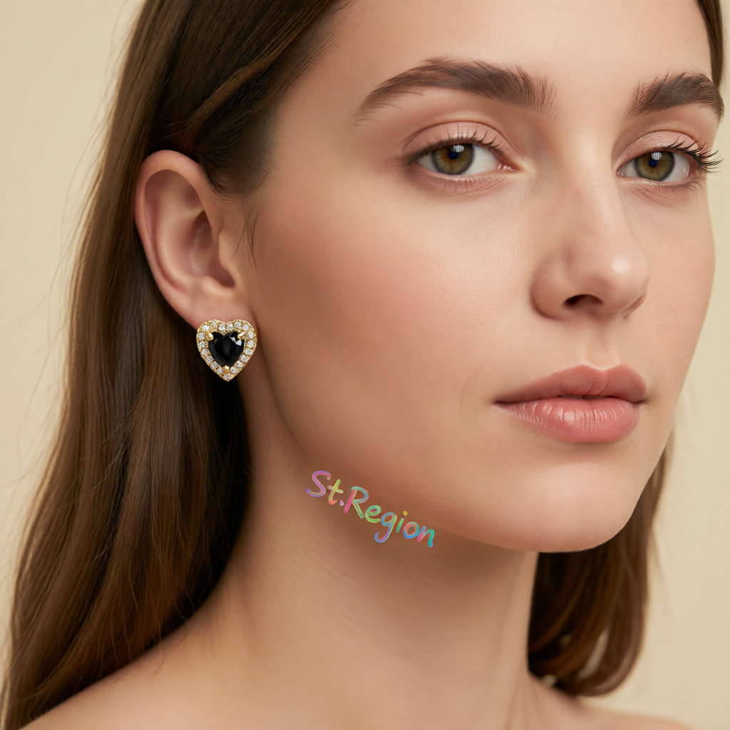 Black Crystal & Cubic Zirconia Goldtone Halo Heart Stud Earrings