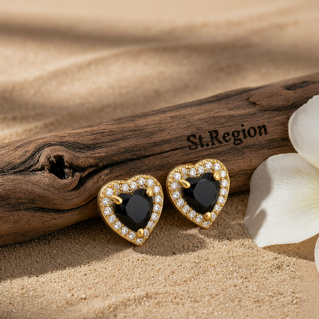 Black Crystal & Cubic Zirconia Goldtone Halo Heart Stud Earrings