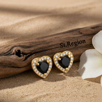 Black Crystal & Cubic Zirconia Goldtone Halo Heart Stud Earrings