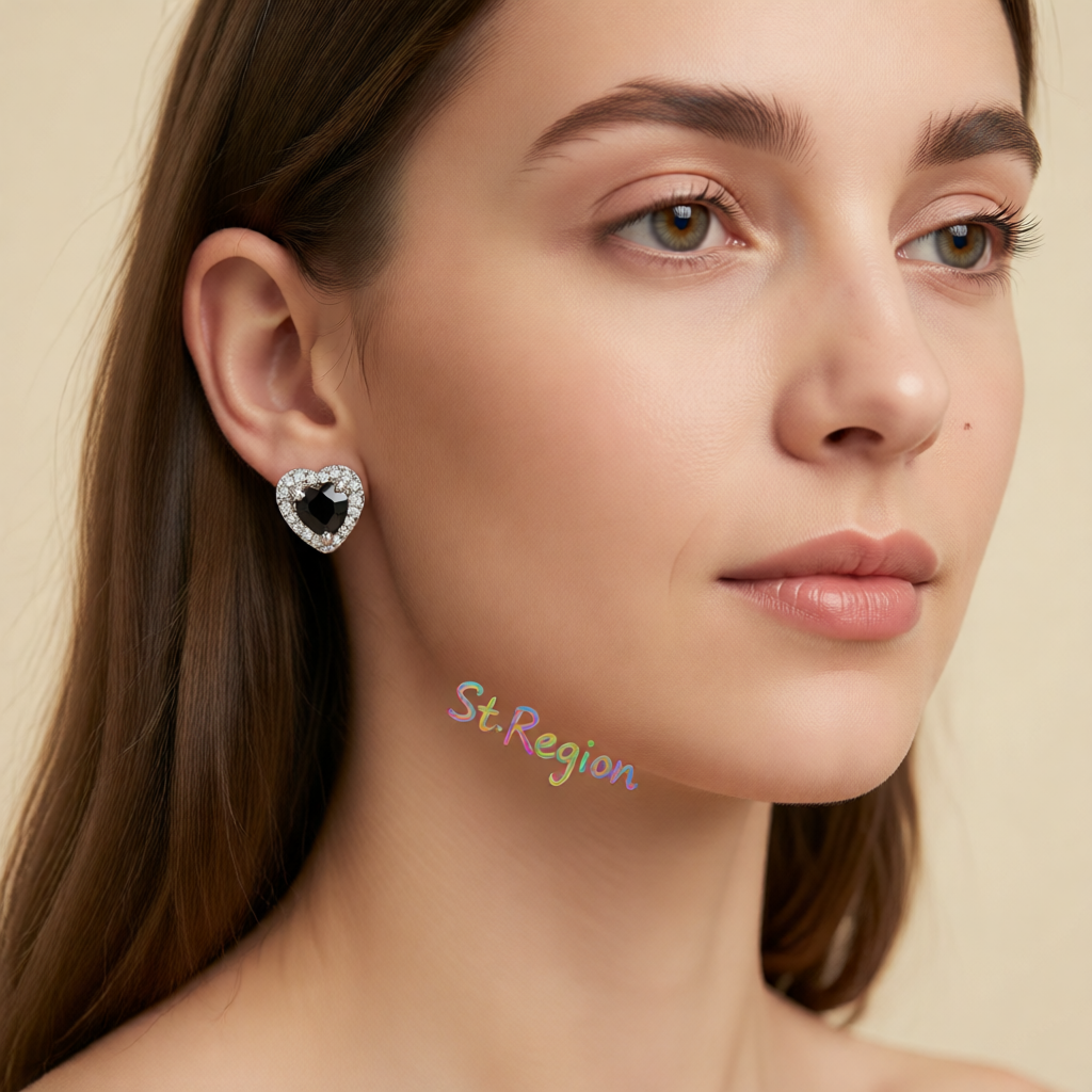 Black Crystal & Cubic Zirconia Silvertone Halo Heart Stud Earrings