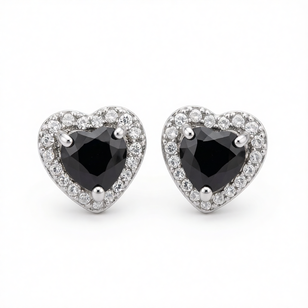 Black Crystal & Cubic Zirconia Silvertone Halo Heart Stud Earrings