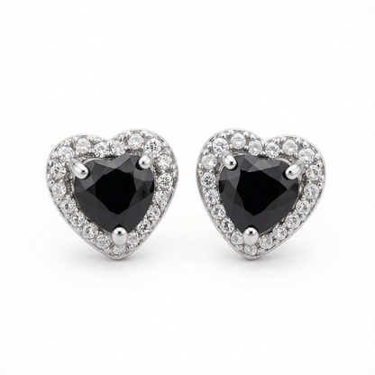 Black Crystal & Cubic Zirconia Silvertone Halo Heart Stud Earrings
