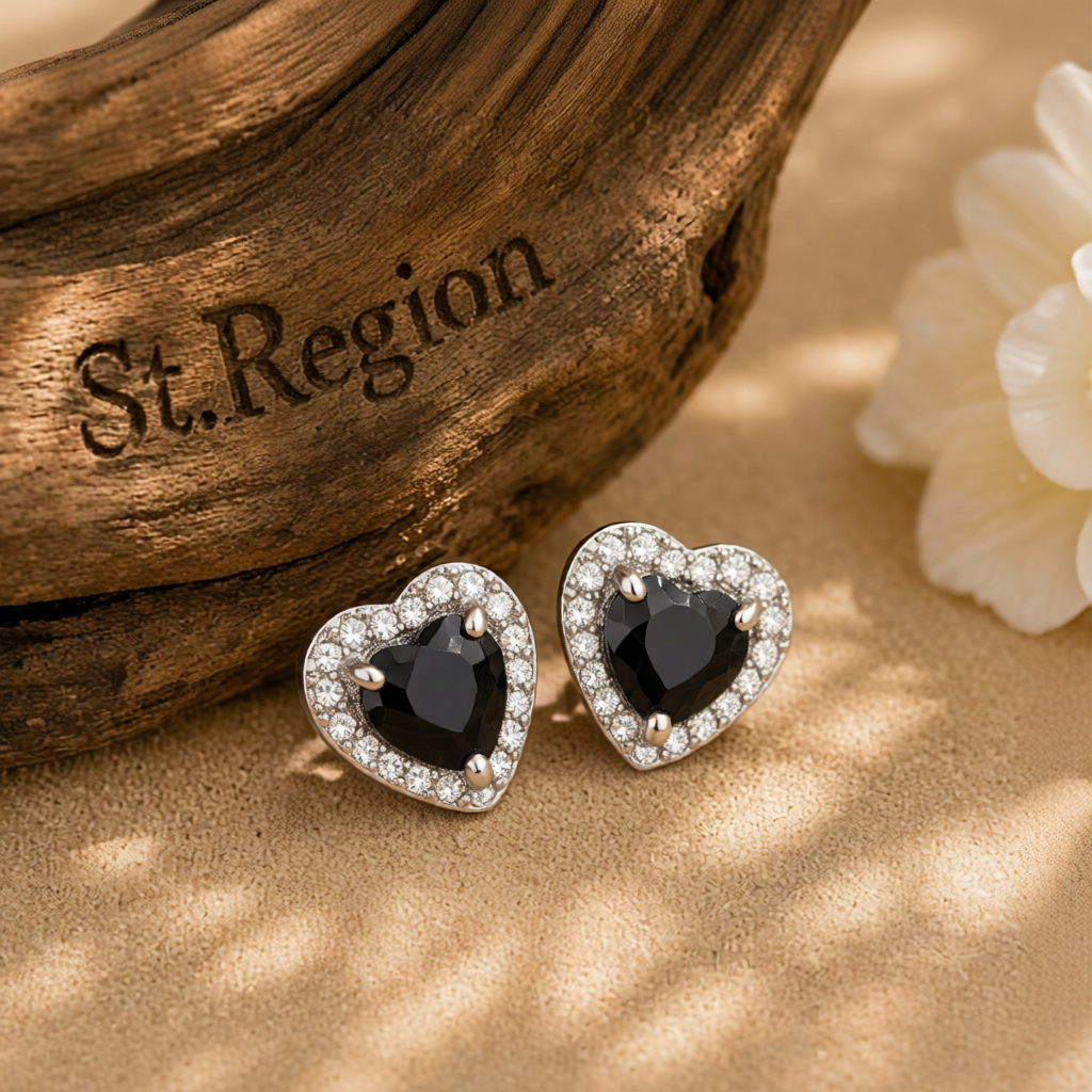 Black Crystal & Cubic Zirconia Silvertone Halo Heart Stud Earrings