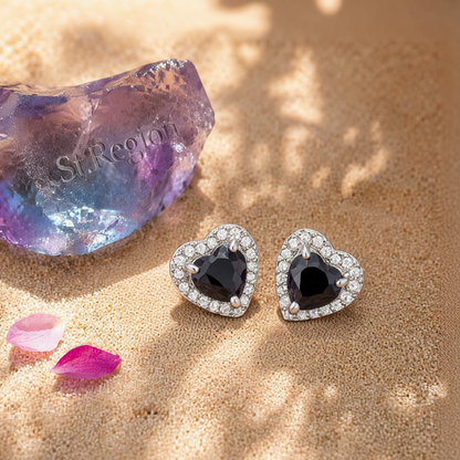 Black Crystal & Cubic Zirconia Silvertone Halo Heart Stud Earrings