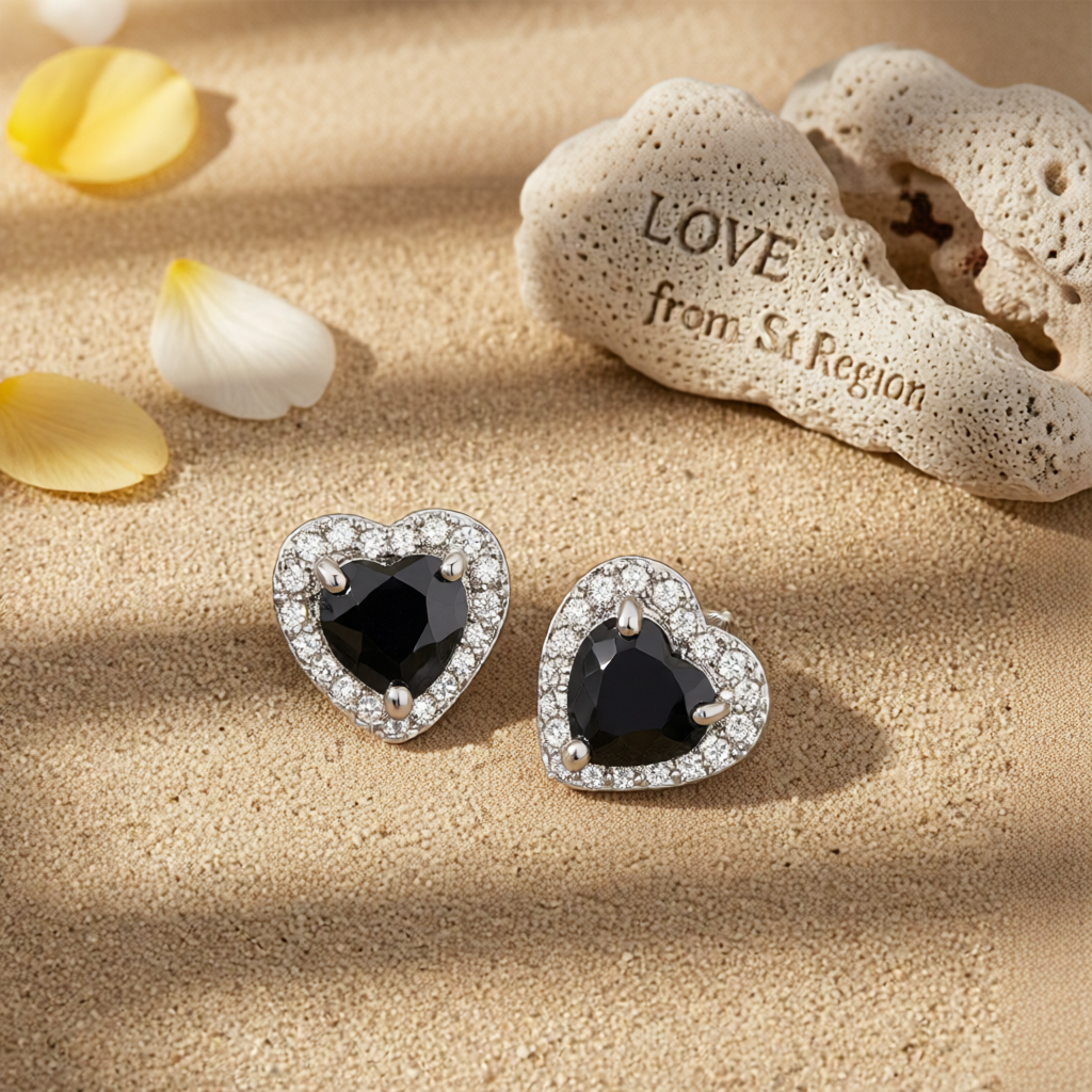 Black Crystal & Cubic Zirconia Silvertone Halo Heart Stud Earrings