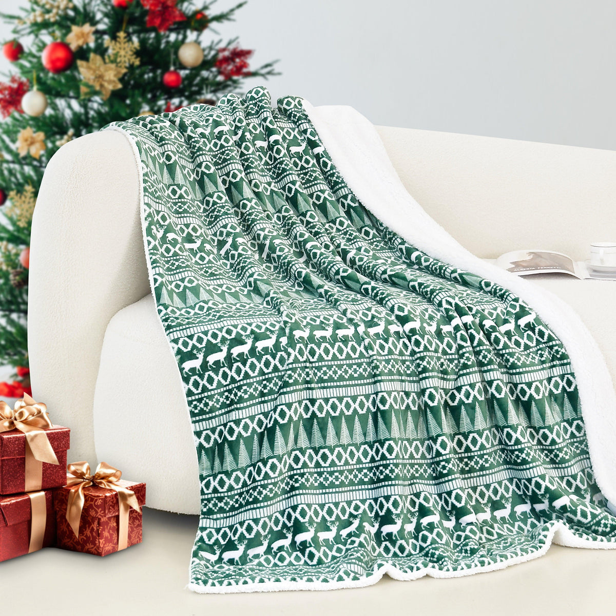 Elegant Comfort Christmas Sherpa Throw with Flannel Fleece - 50 x 60 inches