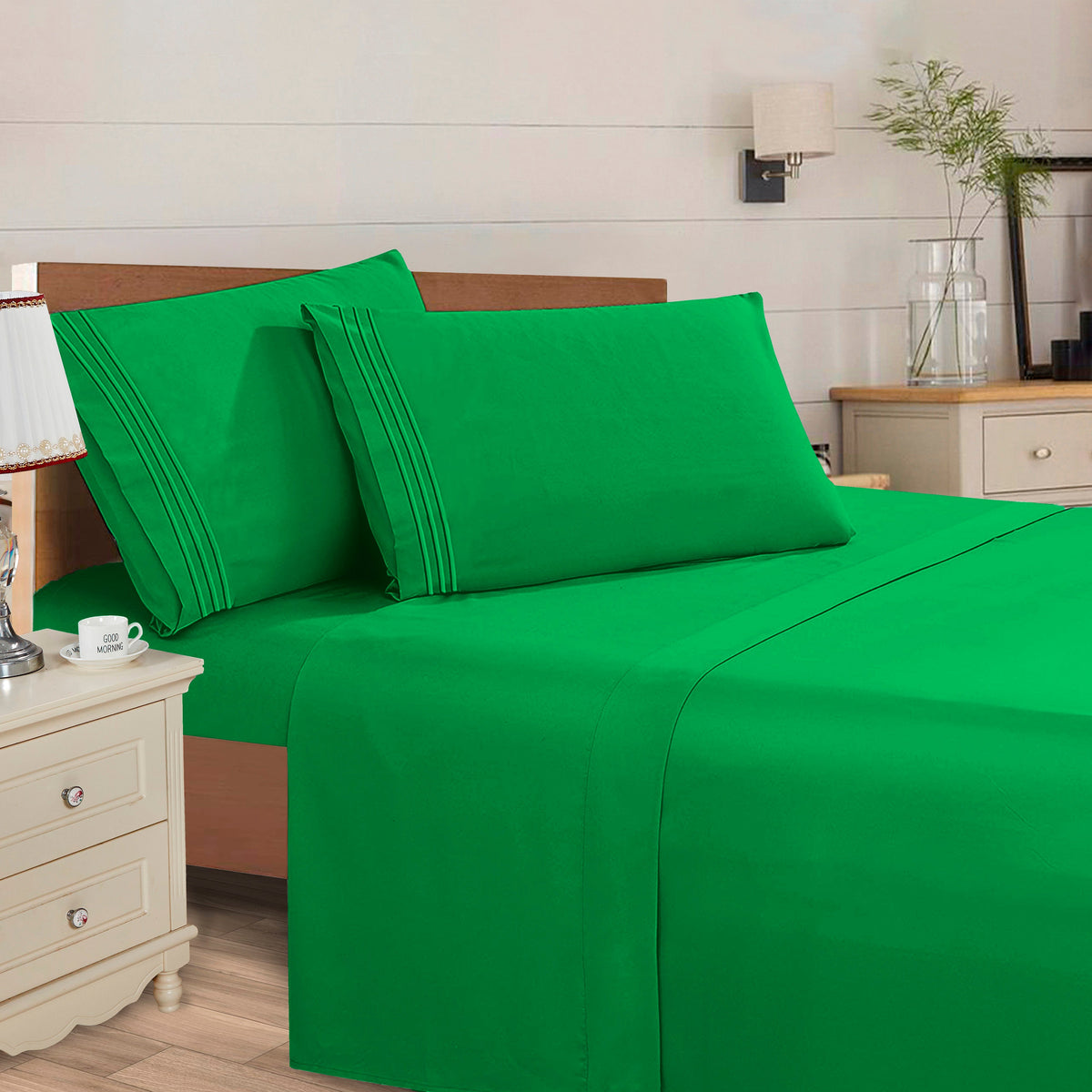 Elegant Comfort Essential 4-Piece 3-Line Embroidery Sheet Set, Soft as a Hotel Premium Quality,  Moody Shades