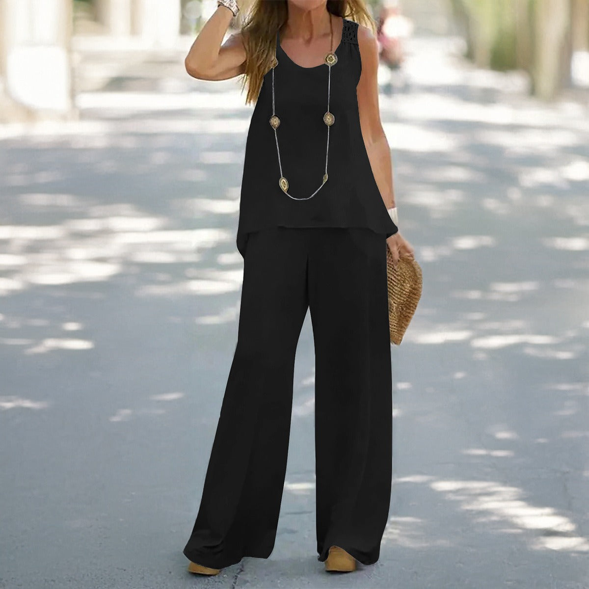 European and American Spring/Summer Casual Solid Color Vest and Pants Set