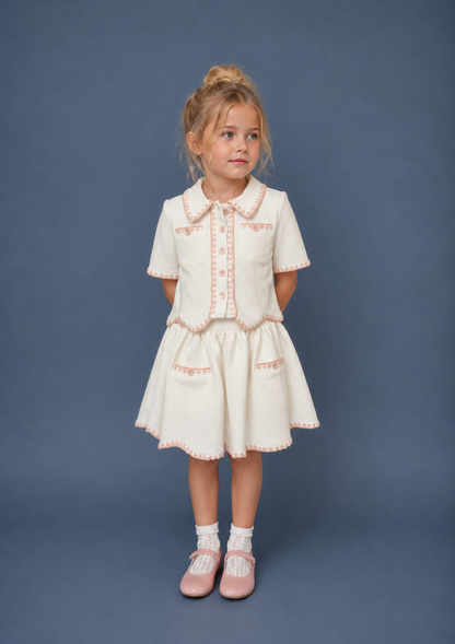 Embroidered Scalloped White Girls Set - Short