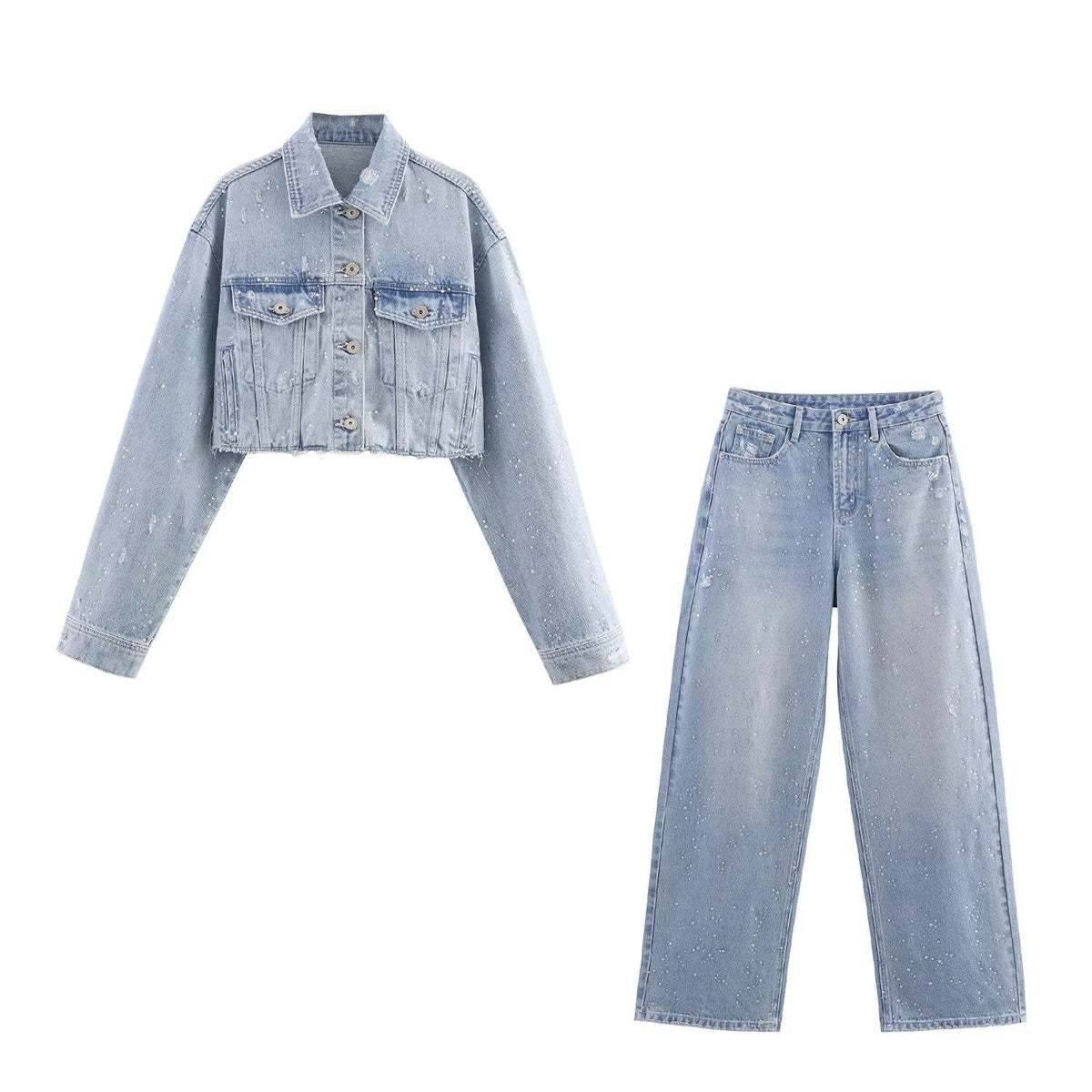 Water drill short denim jacket+pants set
