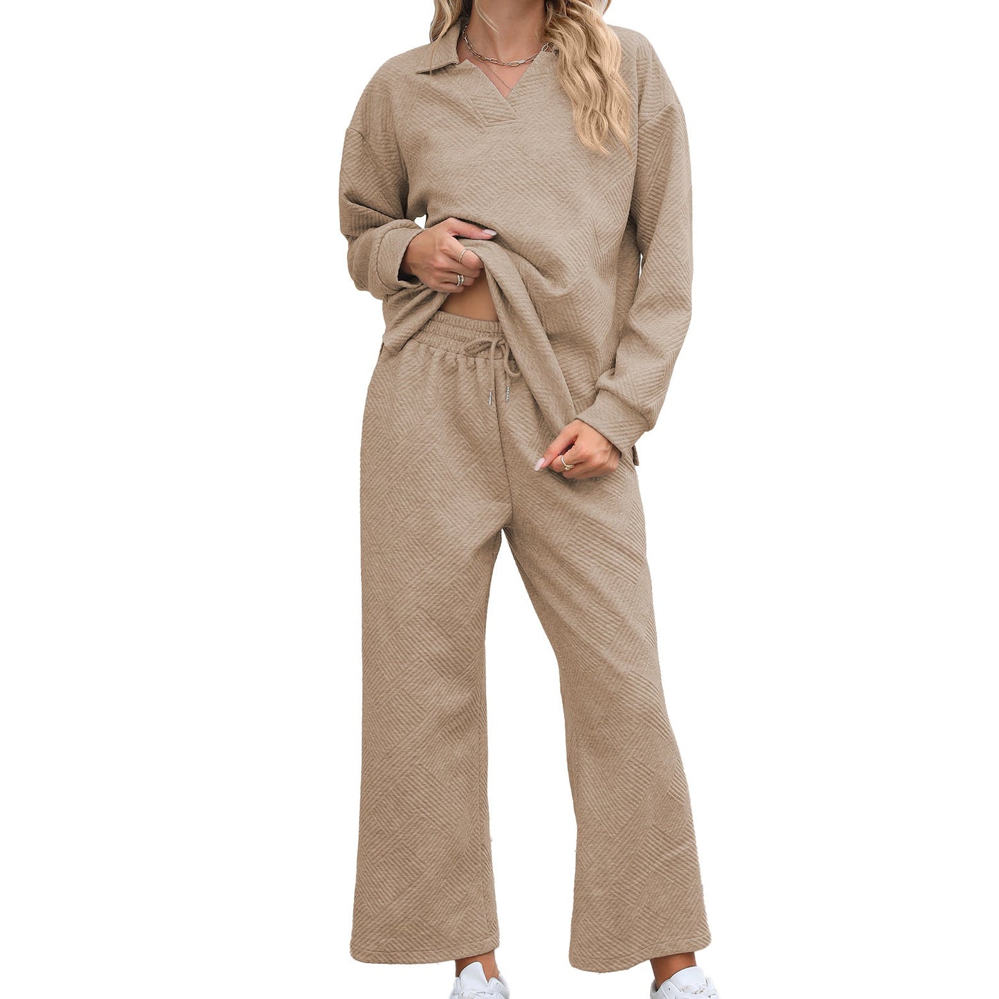 Solid Color Turn-down Collar Long Sleeve Hoodie with Elastic Waist Pants Set