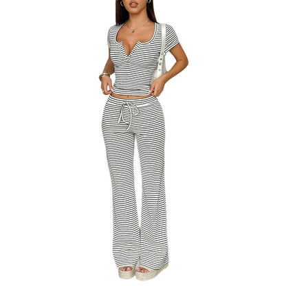 Sports button short sleeved striped pants set