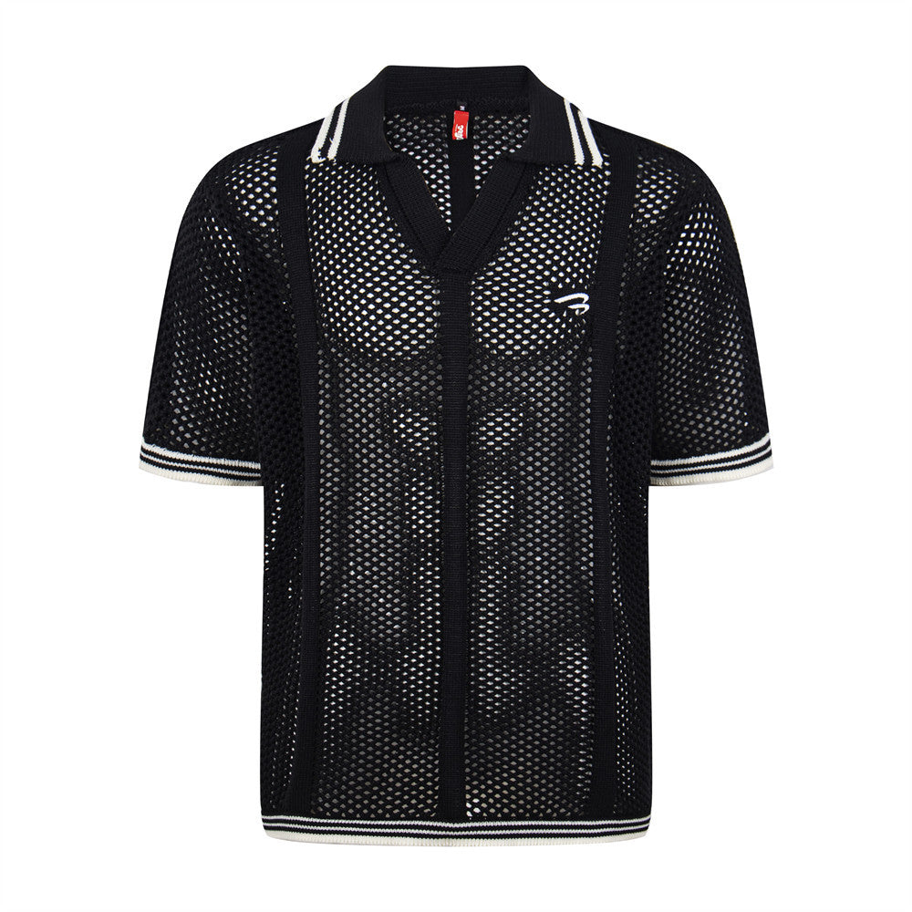Hollow mesh V-neck polo shirt top