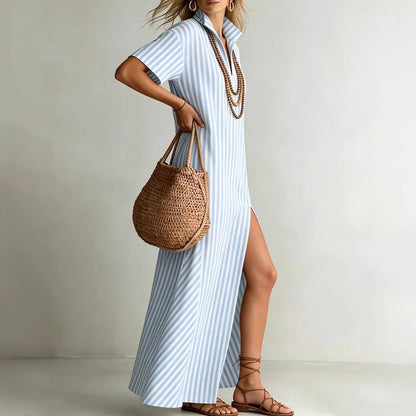 V-neck short sleeved striped split cotton linen dress