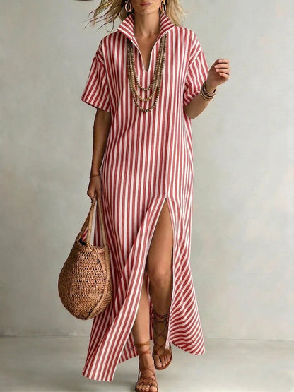 V-neck short sleeved striped split cotton linen dress