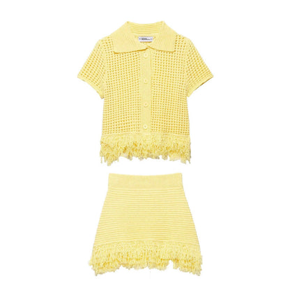 Tassel embellished plaid knitted jacket+half skirt set