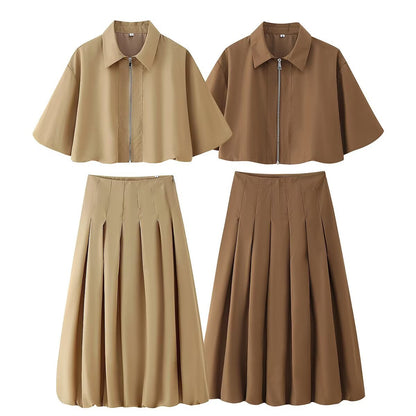 Short sleeved zipper top jacket+skirt set