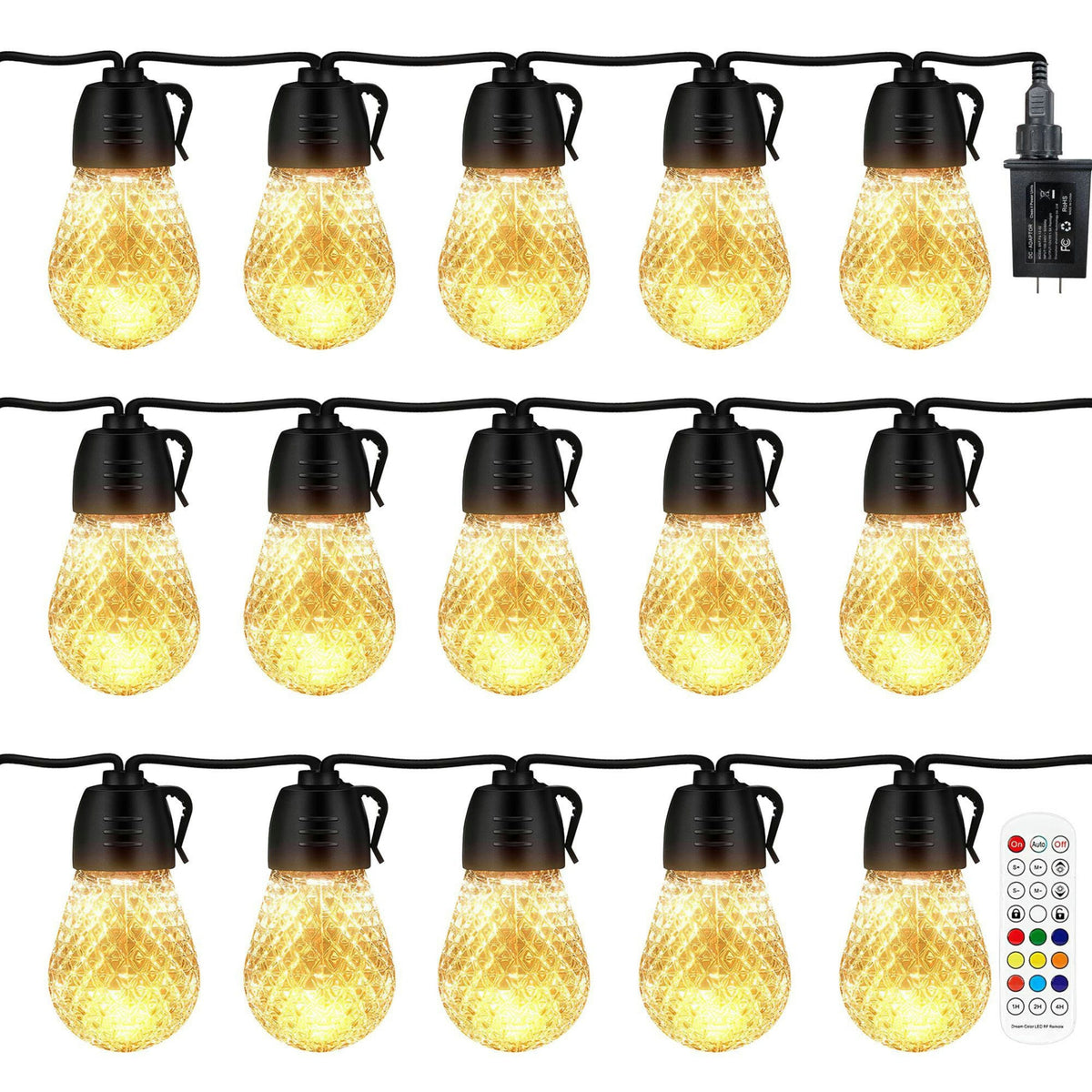 52.5FT Colorful Outdoor String Lights Smart RGB LED Patio Lights IP66 Waterproof Dimmable Hanging Light Bulbs with APP/ Remote Control 15 Bulbs