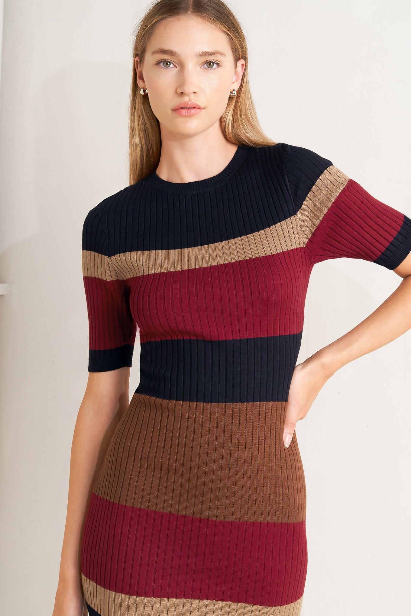 Fall Rhythm Color Blocked Midi Sweater Dress