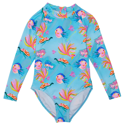 Snapper Rock Girls Sustainable Long Sleeve Surf Suit - Kaleido Fish - FINAL SALE