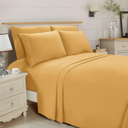 Elegant Comfort Essential 6-Piece 3-Line Embroidery Sheet Set, Soft as a Hotel Premium Quality, Bright Shades