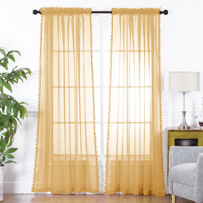 Elegant Comfort Set of 2 Pom Pom Tasseled Sheer Curtain - Rod Pocket
