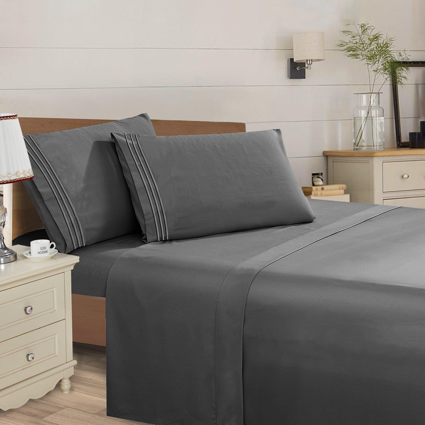 Elegant Comfort Essential 4-Piece 3-Line Embroidery Sheet Set, Soft as a Hotel Premium Quality,  Moody Shades