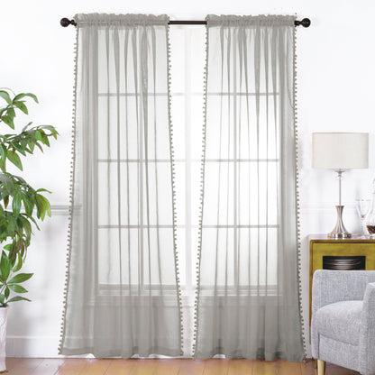 Elegant Comfort Set of 2 Pom Pom Tasseled Sheer Curtain - Rod Pocket