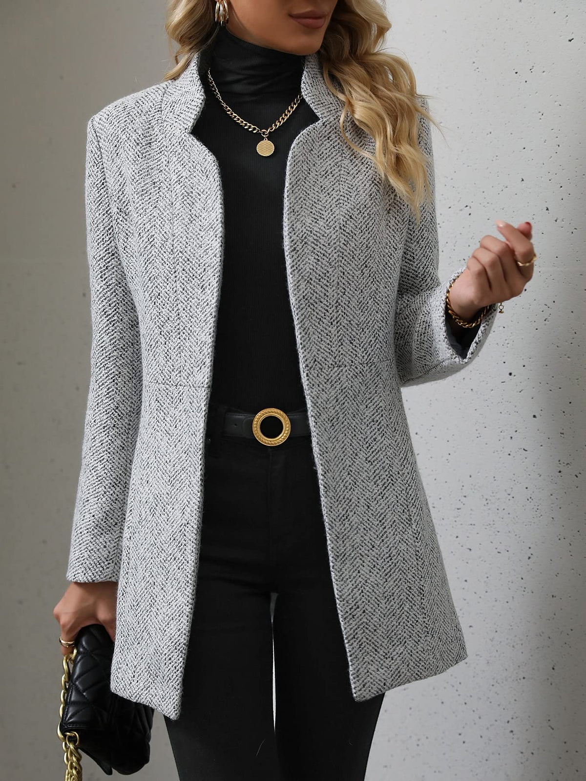 Women's Open Front Slim Fit Overcoat Long Sleeve Stand Collar Outerwear