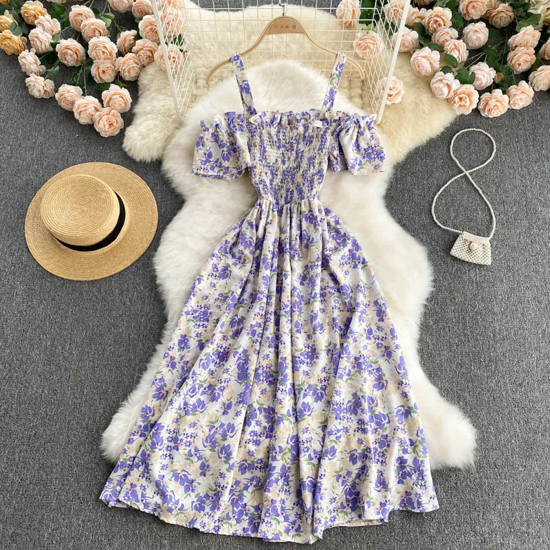 Summer 2026 Midi Dress Women Casual Off Shoulder Short Sleeve Vacation Beach Robe Female Clothing