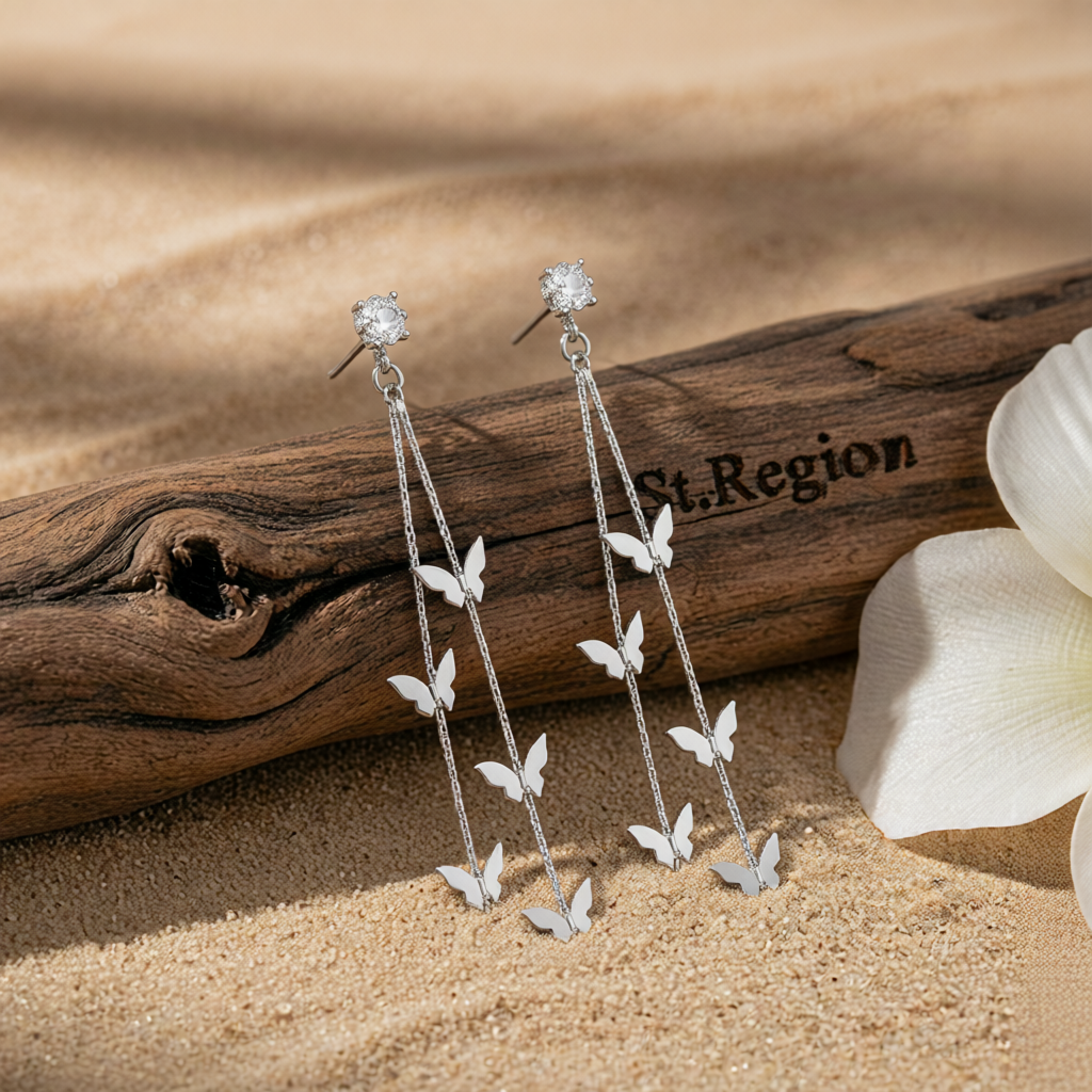 Cubic Zirconia & Silvertone Butterfly Double-Strand Drop Earrings