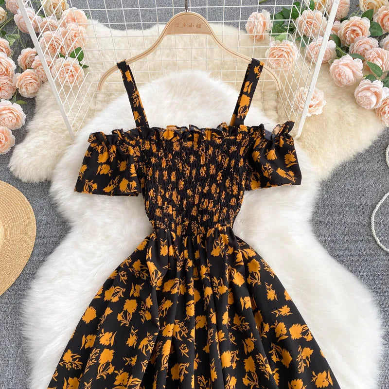 Summer 2026 Midi Dress Women Casual Off Shoulder Short Sleeve Vacation Beach Robe Female Clothing